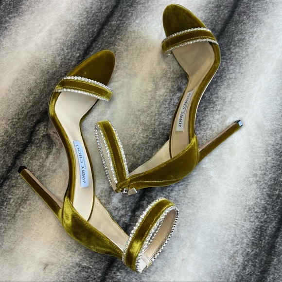 Jimmy Choo Dochas 100 Citrus Velvet Jewel Trim Heels Sandals - Picture 7 of 11